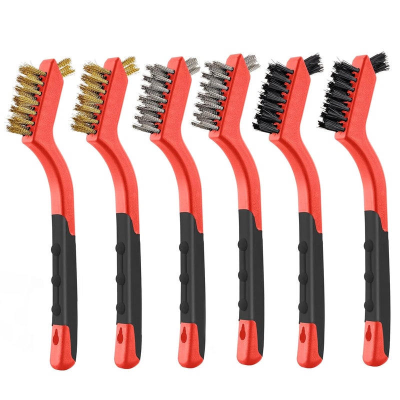 MAXMAN Wire Brush Set 6Pcs, Small Wire Brushes for Cleaning, Rust Remover, Scrub Brush, Detailing Brush, Metal Brush, Stainless Steel/ Brass/ Nylon Bristles Bristle Brush, Scratch Brush, (Red) - Image 1